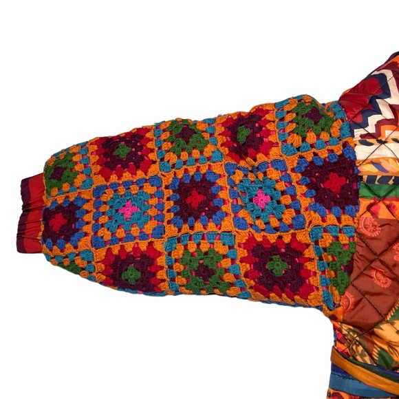 FARM RIO Patchwork Coat Quilted Crochet Sweater Sleeve Trench Boho Print Jacket - Picture 14 of 16